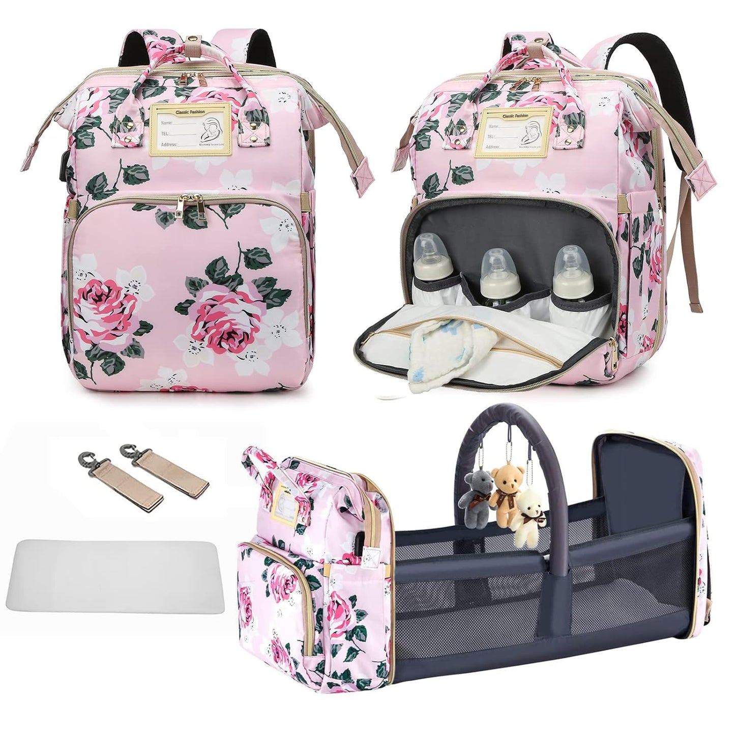 Diaper Bag Backpack with Changing Station, Foldable for Bady Toddler, 3 in 1 Large Capacity Newborn Essentials Organizer with Stroller Hook