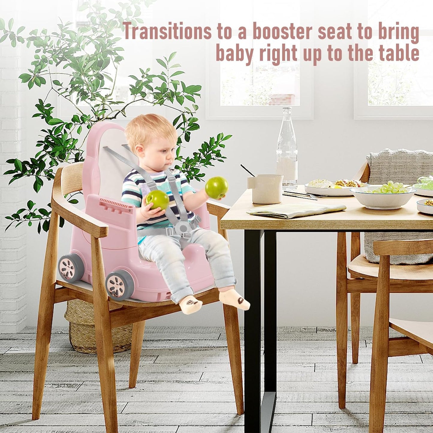 High Chairs for Babies and Toddlers, Portable 3 in 1 High Chair, Adjustable Convertible Compact Infant Baby Feeding Chair Booster with Detachable Double Tray Pink