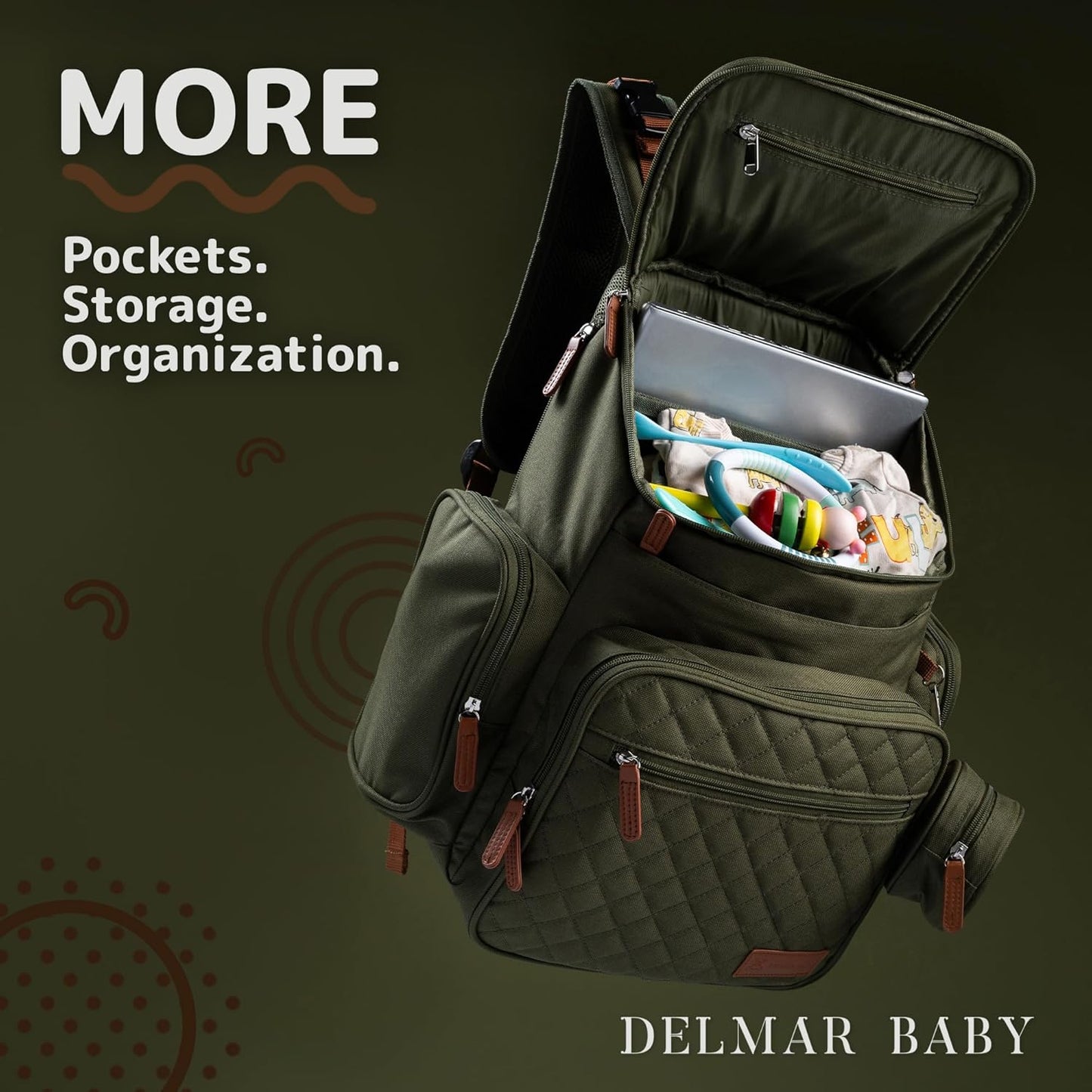 Large Diaper Bag Backpack for Mom Dad, 15-Pocket Unisex Baby Travel Bag with Changing Pad & Stroller Straps, Machine Washable, Army Green