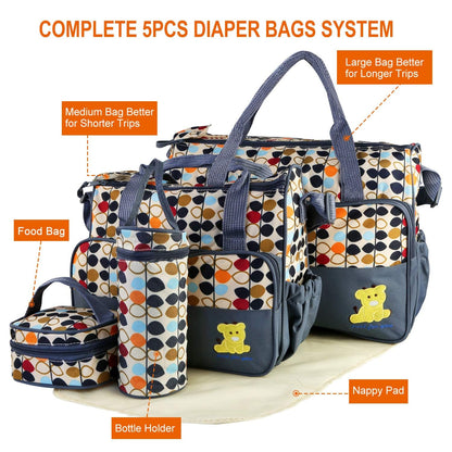 5-in-1 Diaper Bag Tote Set for Baby Essentials – Large Waterproof Maternity Bags for Mom with Insulated Bottle Bag, Food Bag & Changing Pad