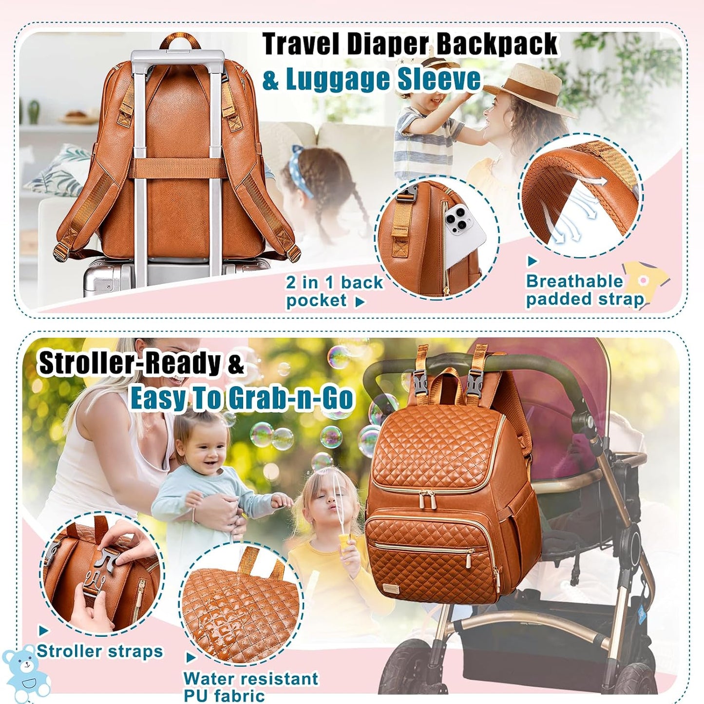 PU Leather Diaper Backpack with Changing Pad, Insulated Pockets and Stroller Straps