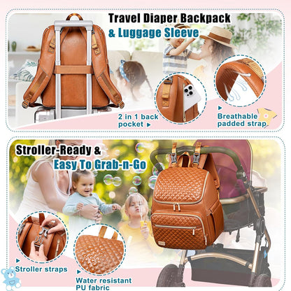 PU Leather Diaper Backpack with Changing Pad, Insulated Pockets and Stroller Straps