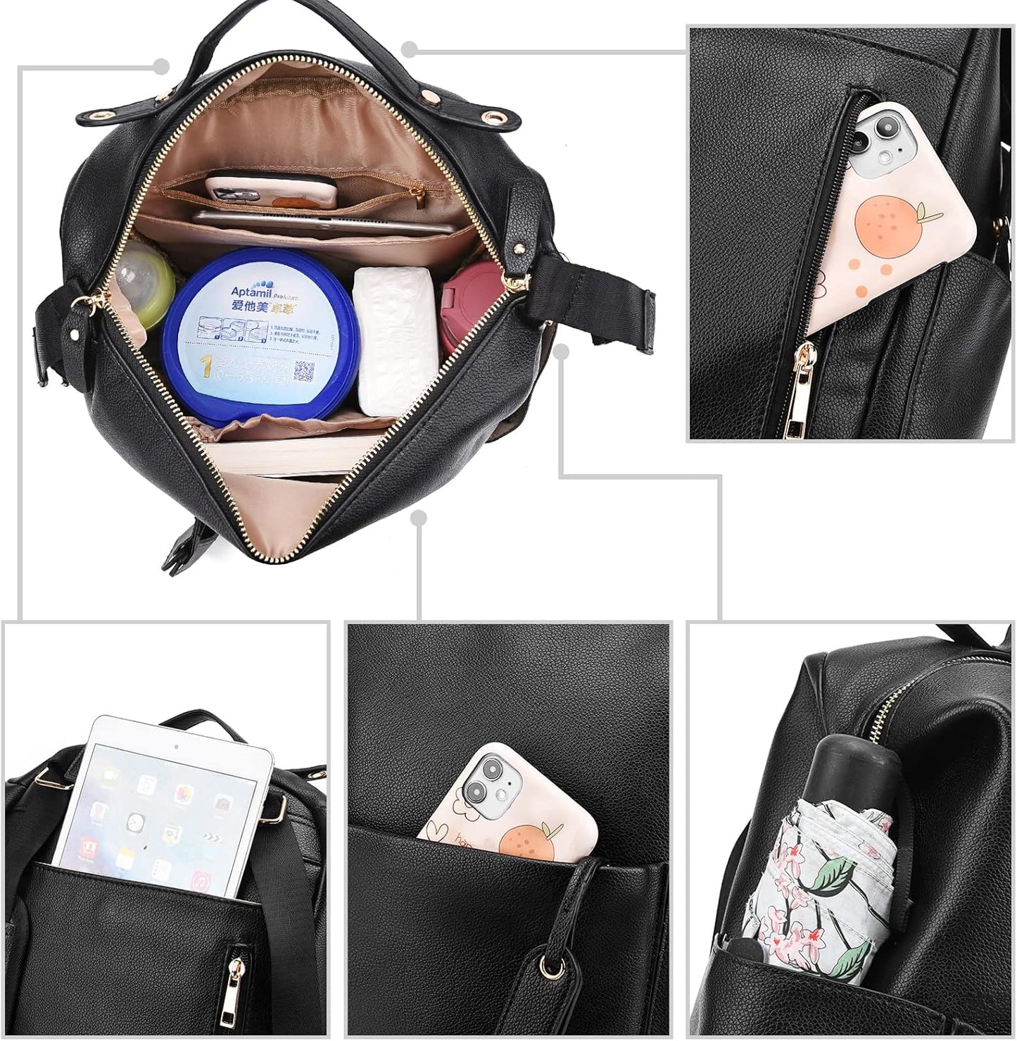 Diaper Bag Backpack Leather Backpack with Changing Pad Stroller Straps