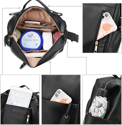 Diaper Bag Backpack Leather Backpack with Changing Pad Stroller Straps
