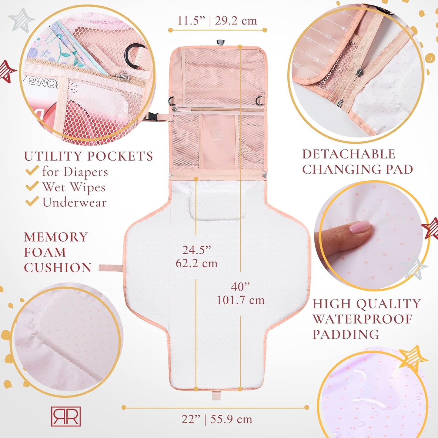 Portable Diaper Changing Pad – CPC Certified Waterproof 2-in-1 Diaper Clutch & Changing Mat with Head Cushion – Bonus Insulated Bottle Bag – Travel Kit Gift for Baby