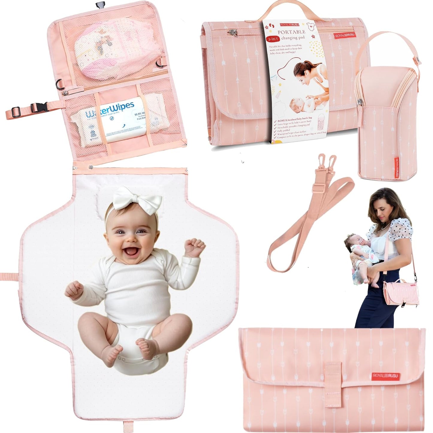 Portable Diaper Changing Pad – CPC Certified Waterproof 2-in-1 Diaper Clutch & Changing Mat with Head Cushion – Bonus Insulated Bottle Bag – Travel Kit Gift for Baby