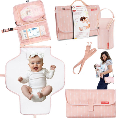 Portable Diaper Changing Pad – CPC Certified Waterproof 2-in-1 Diaper Clutch & Changing Mat with Head Cushion – Bonus Insulated Bottle Bag – Travel Kit Gift for Baby