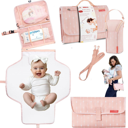 Portable Diaper Changing Pad – CPC Certified Waterproof 2-in-1 Diaper Clutch & Changing Mat with Head Cushion – Bonus Insulated Bottle Bag – Travel Kit Gift for Baby