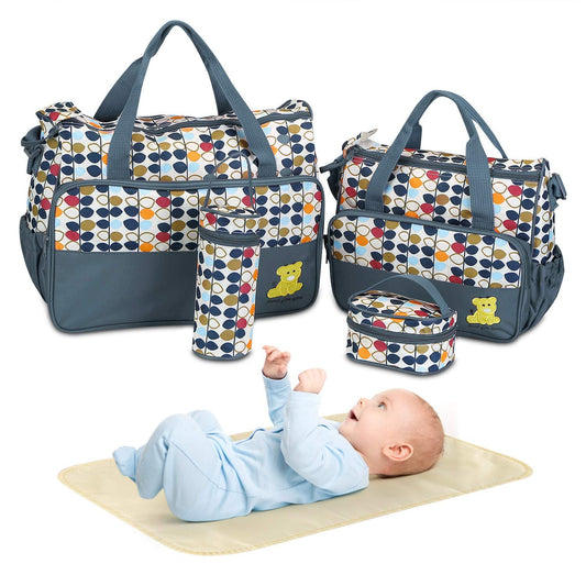 5-in-1 Diaper Bag Tote Set for Baby Essentials – Large Waterproof Maternity Bags for Mom with Insulated Bottle Bag, Food Bag & Changing Pad