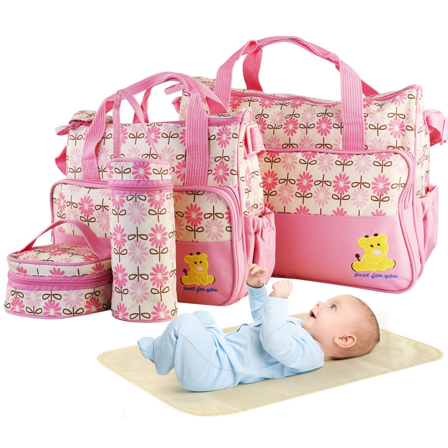 5-in-1 Diaper Bag Tote Set for Baby Essentials – Large Waterproof Maternity Bags for Mom with Insulated Bottle Bag, Food Bag & Changing Pad