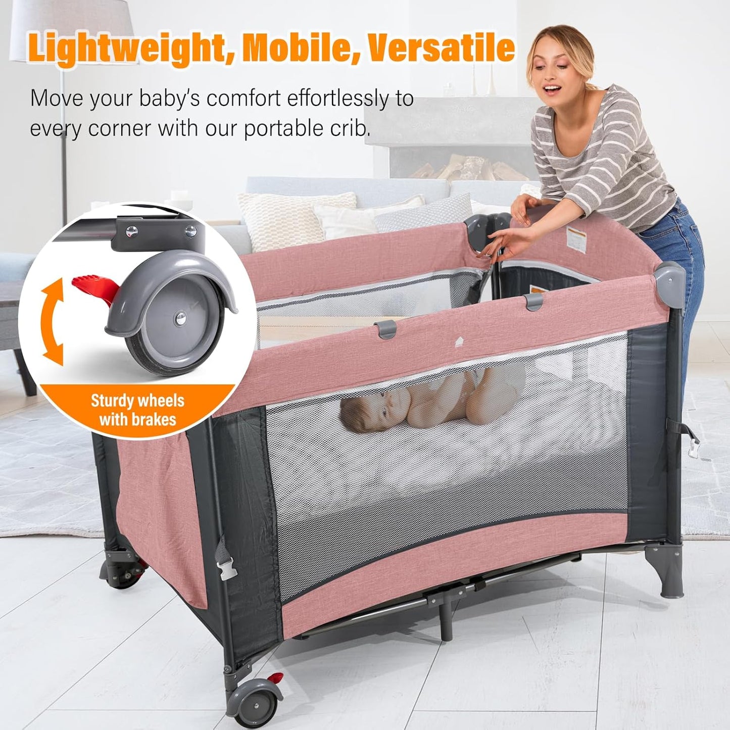 5 in 1 Infant Newborn Baby Crib Baby Bassinet with Changing Table，Pink