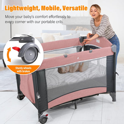 Berceau 5 en 1 pour nouveau-né avec table à langer intégrée, rose