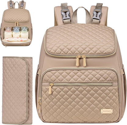 PU Leather Diaper Backpack with Changing Pad, Insulated Pockets and Stroller Straps