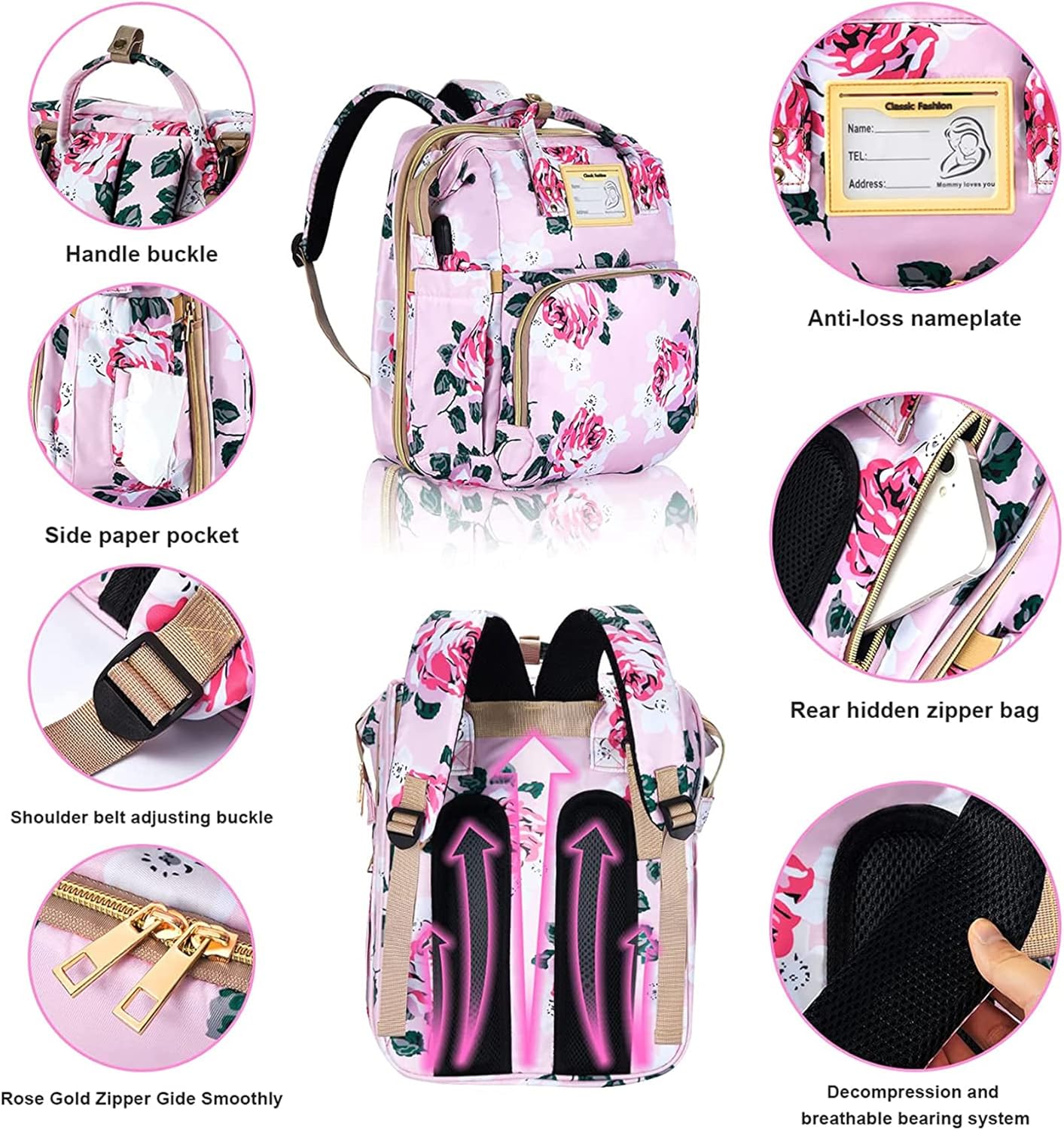 Diaper Bag Backpack with Changing Station, Foldable for Bady Toddler, 3 in 1 Large Capacity Newborn Essentials Organizer with Stroller Hook