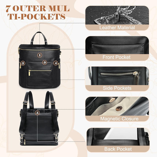 Leather Diaper Bag Backpack with Diaper Changing Pad, Stroller Straps & 2 Insulated Pockets