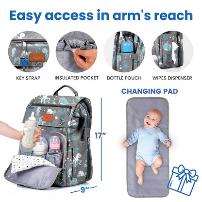 Diaper Bag Backpack with Changing Station, Large Capacity, Waterproof Diaper Backpack