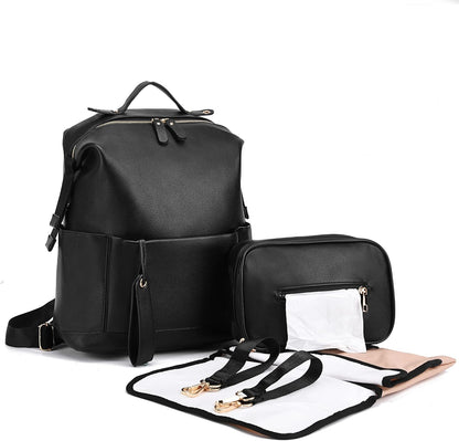 Diaper Bag Backpack Leather Backpack with Changing Pad Stroller Straps