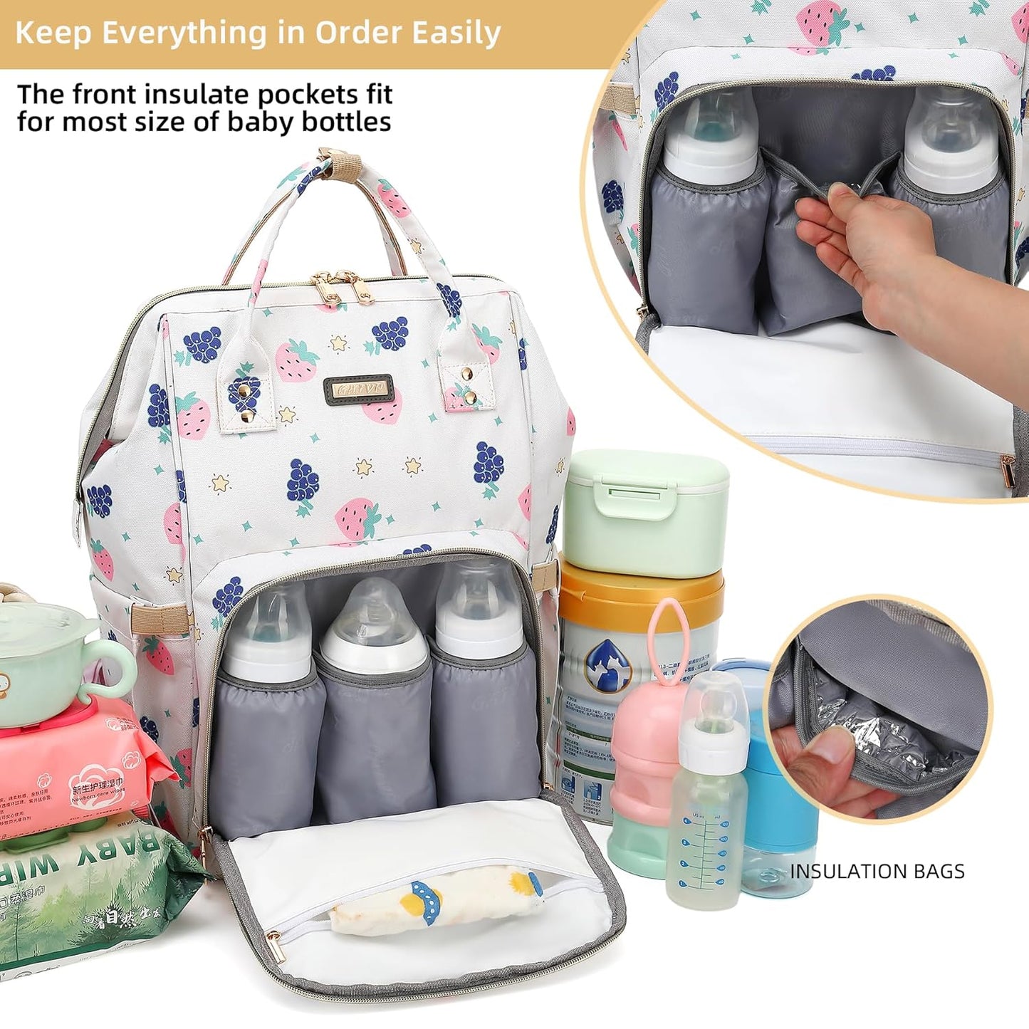 Diaper Bag Backpack, Nappy Changing Bag with Insulated Pockets, Multi-functional Waterproof Backpack with Stroller straps