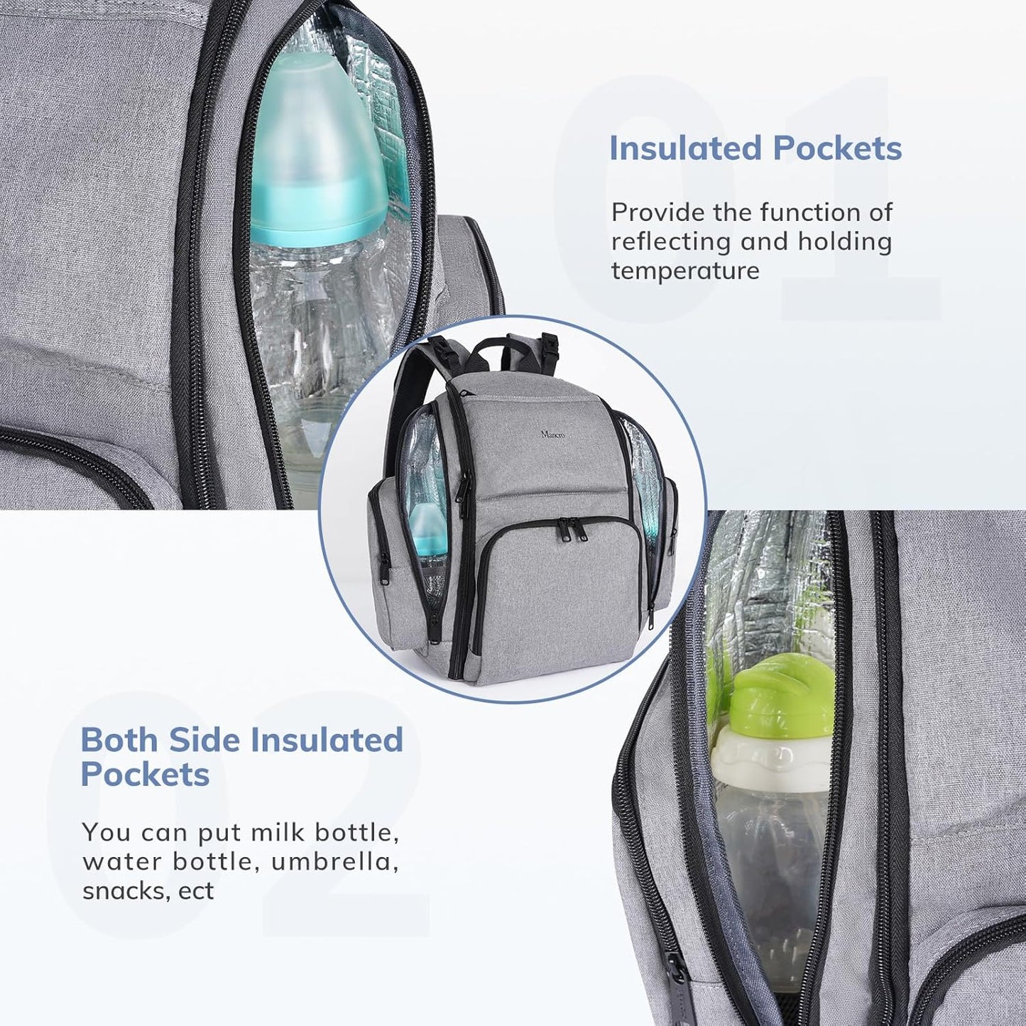 Diaper Bag Backpack, Large Multifunction Waterproof Travel Baby Changing Bag for Dad Mom with 4 Insulated Pockets and Stroller Straps