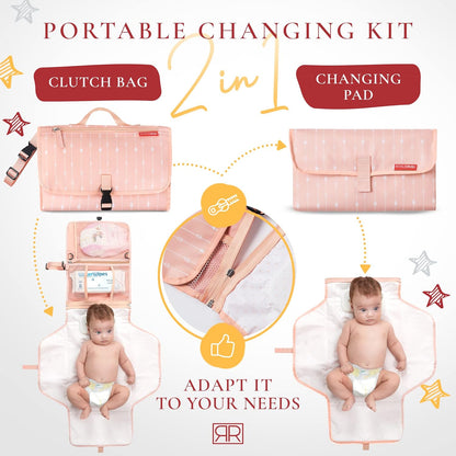 Portable Diaper Changing Pad – CPC Certified Waterproof 2-in-1 Diaper Clutch & Changing Mat with Head Cushion – Bonus Insulated Bottle Bag – Travel Kit Gift for Baby