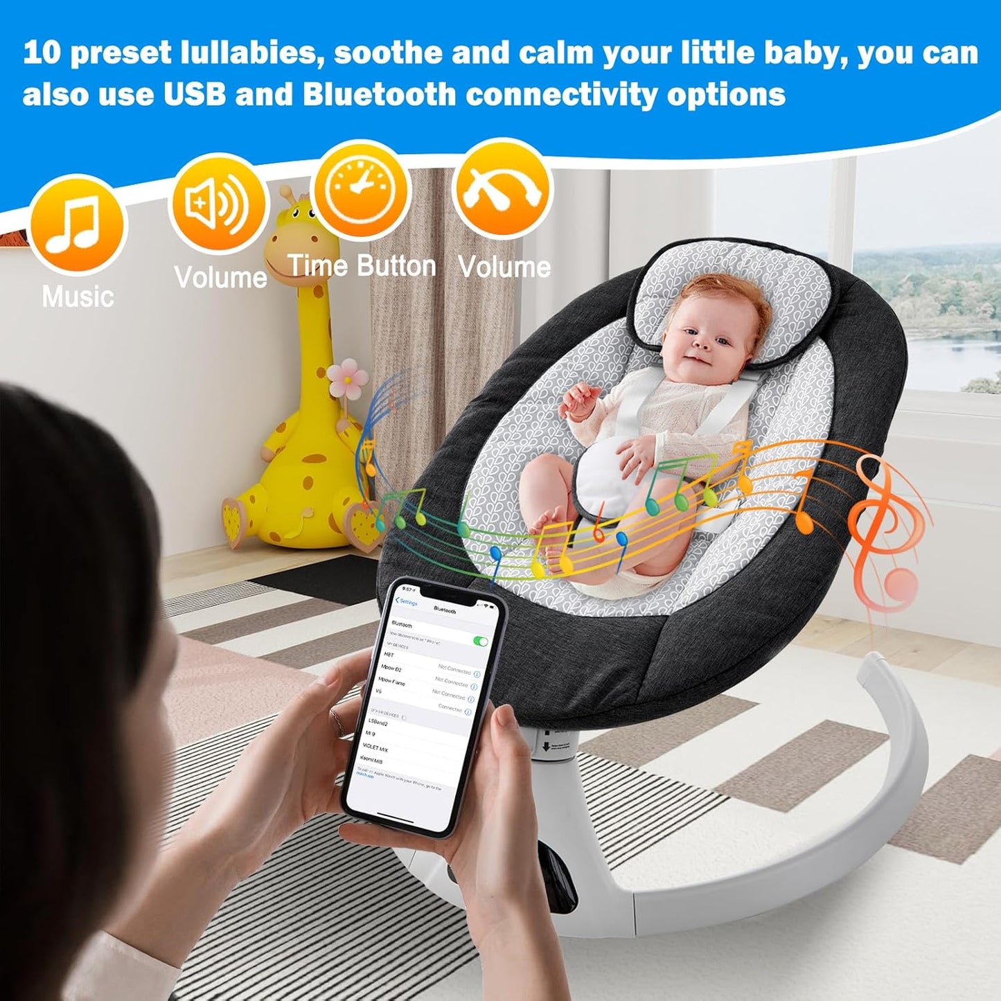 Baby Swing for Infants,Electric Bouncer for Baby Boy Girl,Remote Control Indoor Baby Rocker with 5 Sway Speeds
