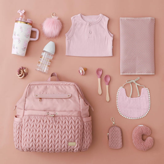 Lightweight Diaper Bag Backpack with Changing Pad – Large Opening Travel Nursery Bag for Mom, Stroller Clips & Faux Fur Pendant