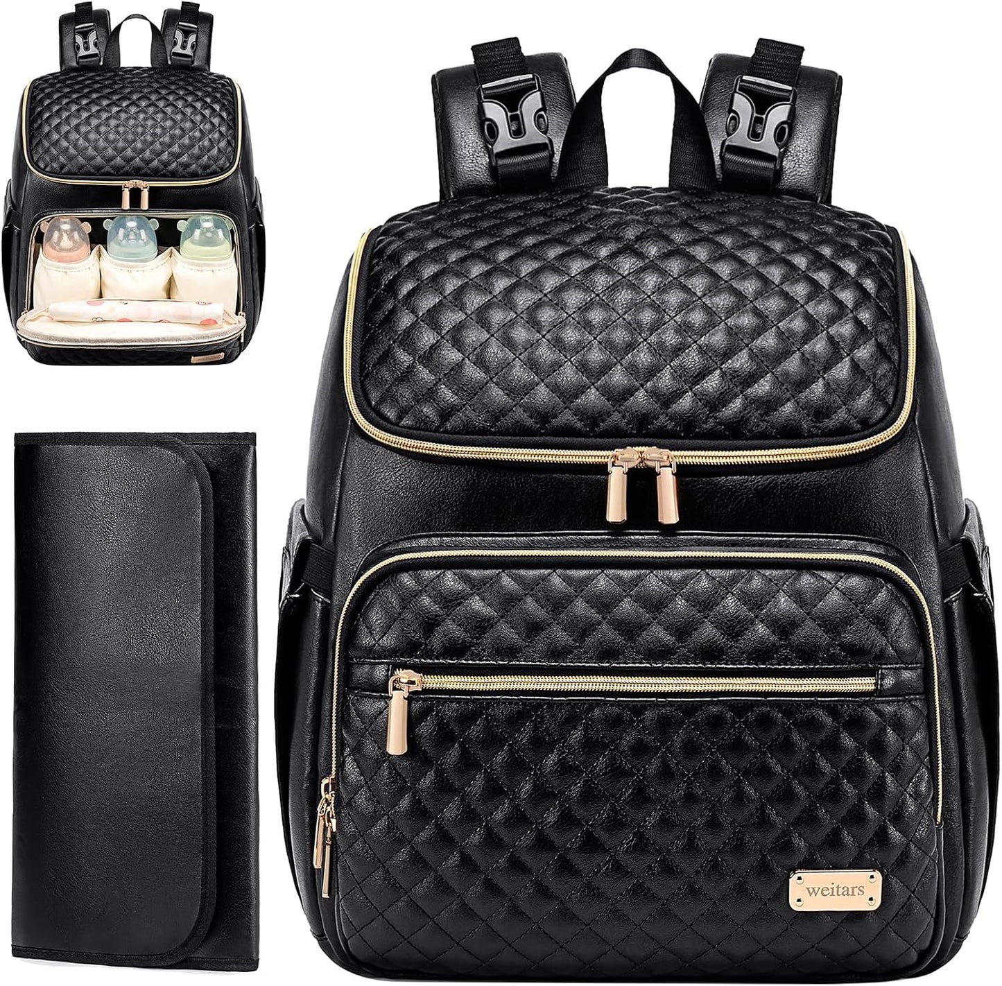 PU Leather Diaper Backpack with Changing Pad, Insulated Pockets and Stroller Straps