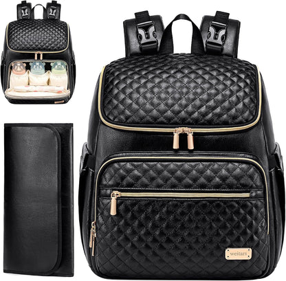 PU Leather Diaper Backpack with Changing Pad, Insulated Pockets and Stroller Straps