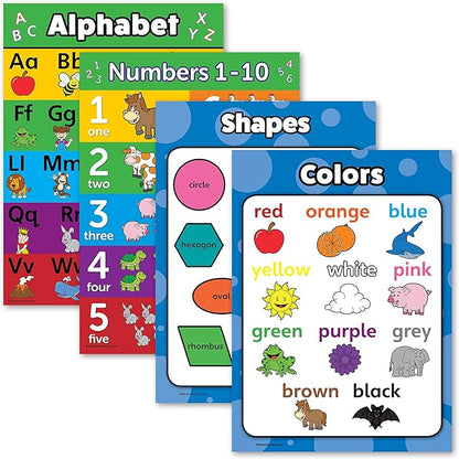 ABC Alphabet + Numbers 1-10 + Shapes + Colors Poster Set - Toddler Educational Charts