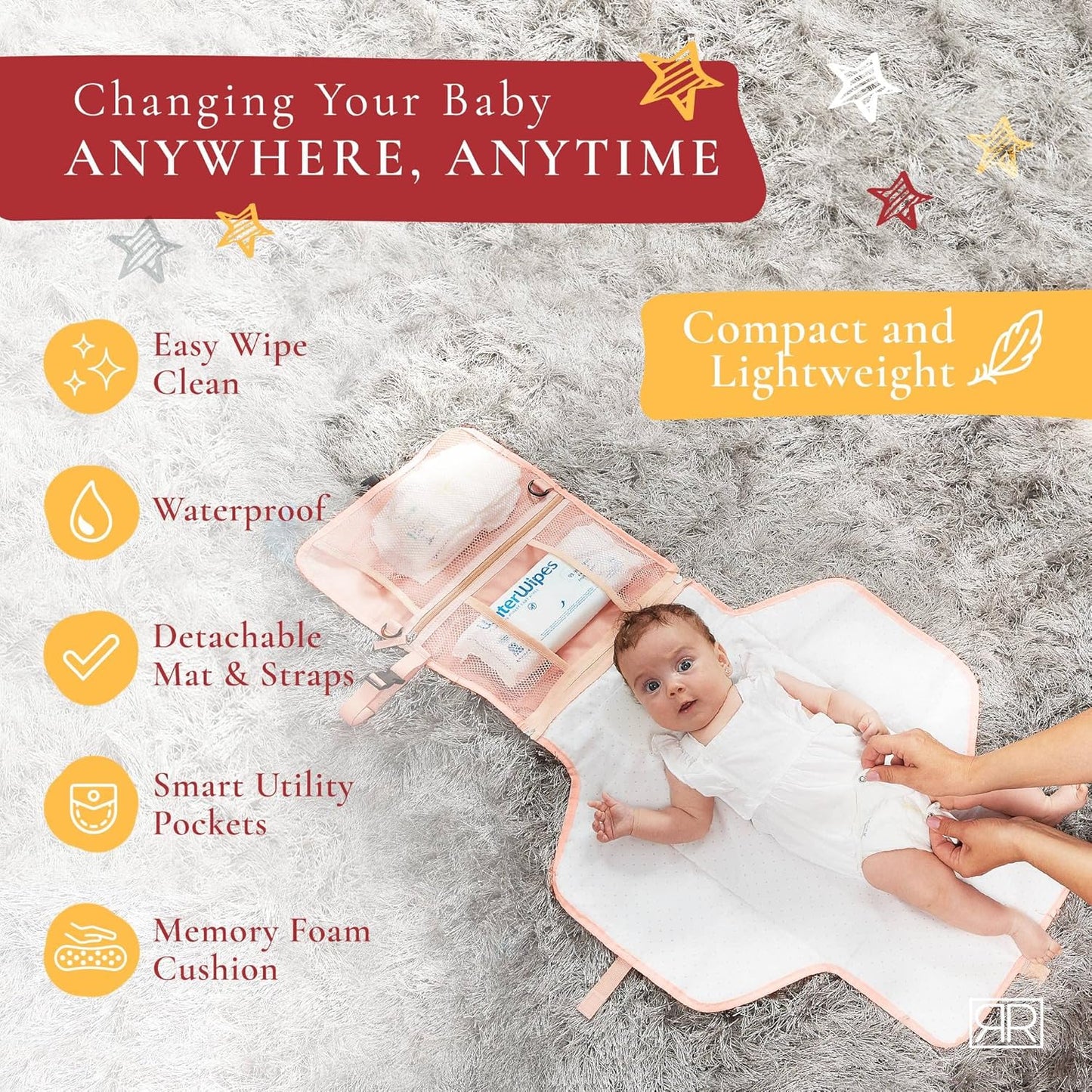 Portable Diaper Changing Pad – CPC Certified Waterproof 2-in-1 Diaper Clutch & Changing Mat with Head Cushion – Bonus Insulated Bottle Bag – Travel Kit Gift for Baby