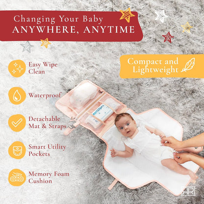 Portable Diaper Changing Pad – CPC Certified Waterproof 2-in-1 Diaper Clutch & Changing Mat with Head Cushion – Bonus Insulated Bottle Bag – Travel Kit Gift for Baby