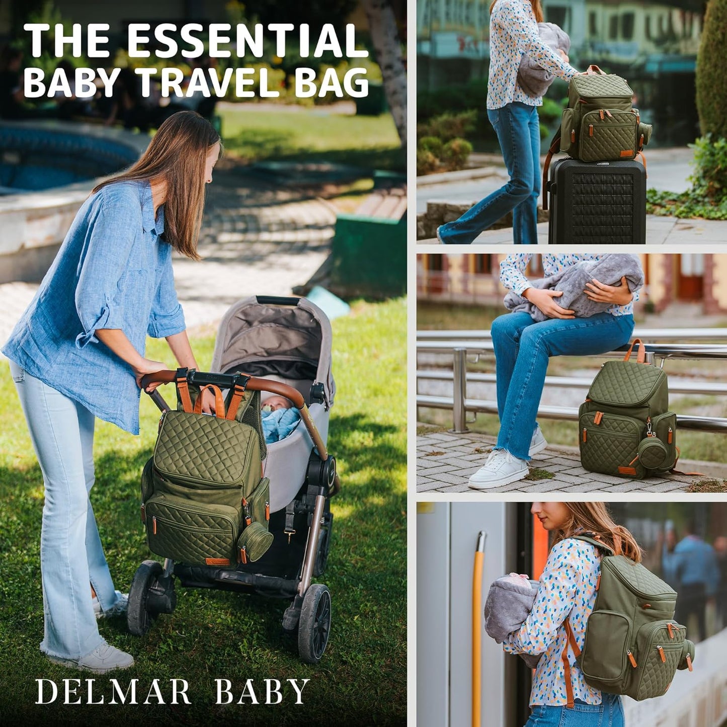 Large Diaper Bag Backpack for Mom Dad, 15-Pocket Unisex Baby Travel Bag with Changing Pad & Stroller Straps, Machine Washable, Army Green