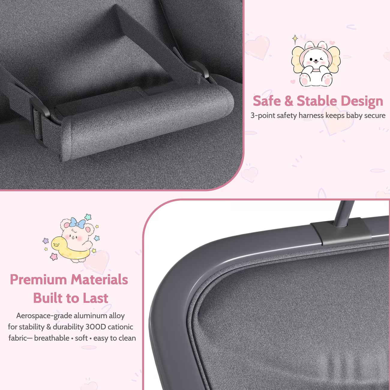 Baby Bouncer Folding Bouncer Seat Chair for Babies 0-9 Months with Toy Bar Gray