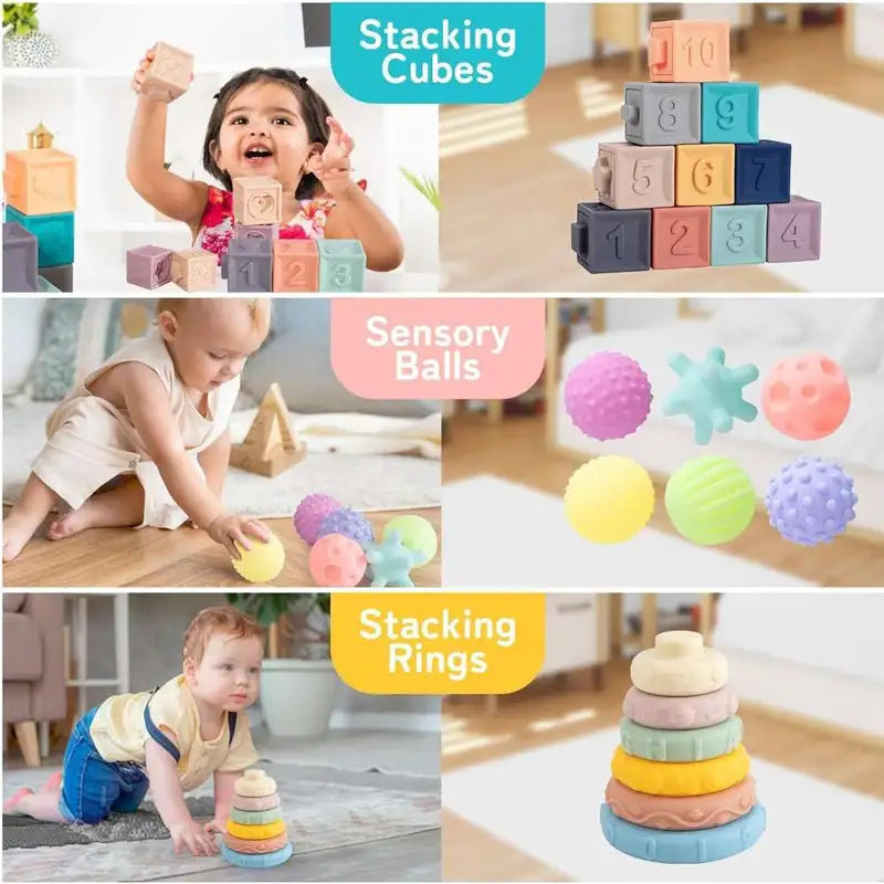 5-in-1 Baby Sensory Toys for 6 to 36 Months, Pull String Toys, Stacking Blocks, Sensory Shapes Simulation Remote Control