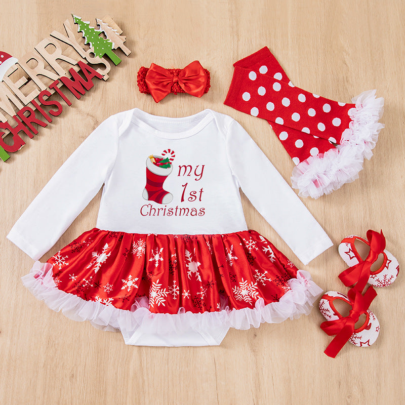 Christmas Baby 4-Piece Set - Cotton Romper, Hat & Mittens