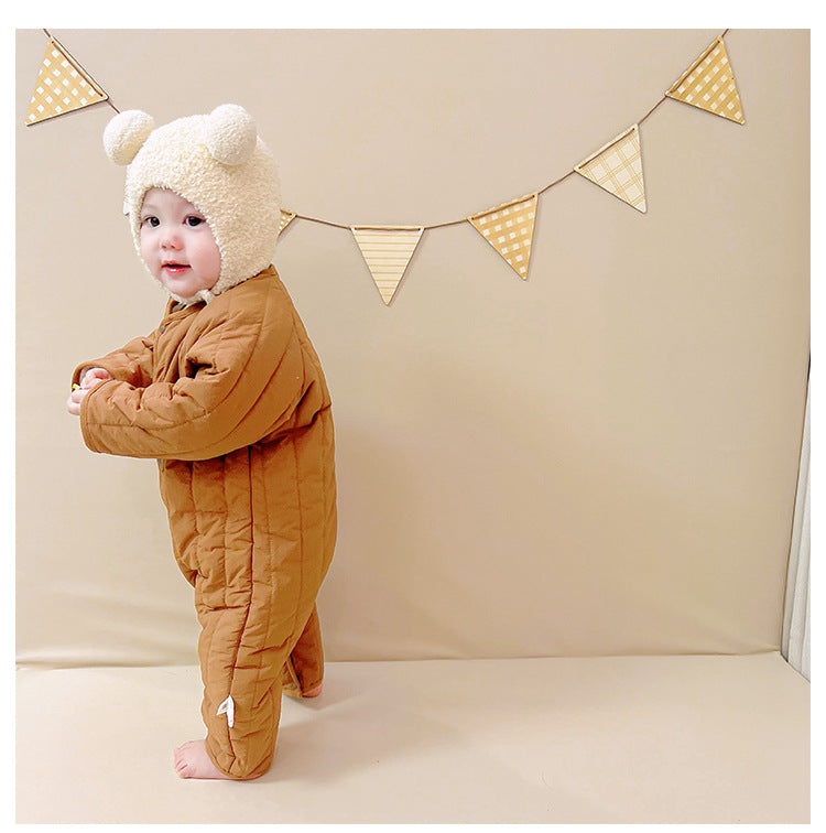 Baby Winter Padded Romper - Embroidered Bear Quilted Jumpsuit for Infants