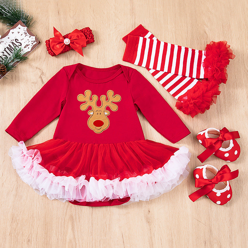Christmas Baby 4-Piece Set - Cotton Romper, Hat & Mittens