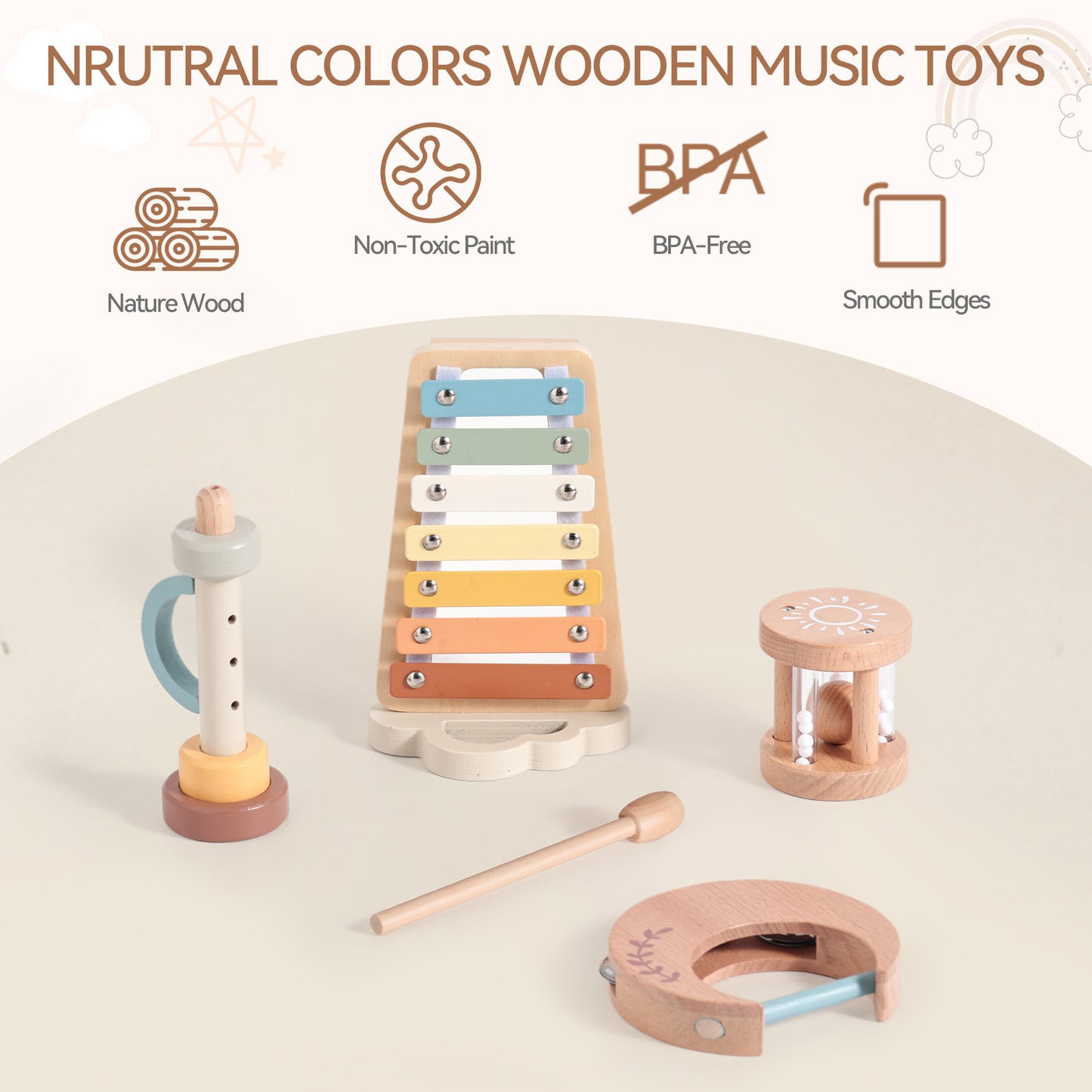 Montessori Wooden Musical Instruments Set with Xylophone, Sensory Learning Toys for Toddlers 18+ Months, Educational Gift for Kids