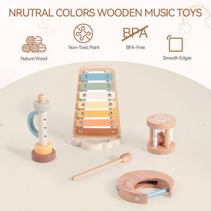 Montessori Wooden Musical Instruments Set with Xylophone, Sensory Learning Toys for Toddlers 18+ Months, Educational Gift for Kids
