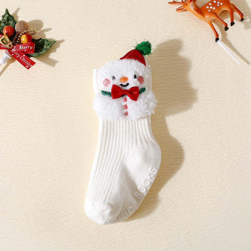 Christmas Baby Socks 3-Pair Set - Non-Slip Grip Cotton Socks with Holiday Designs