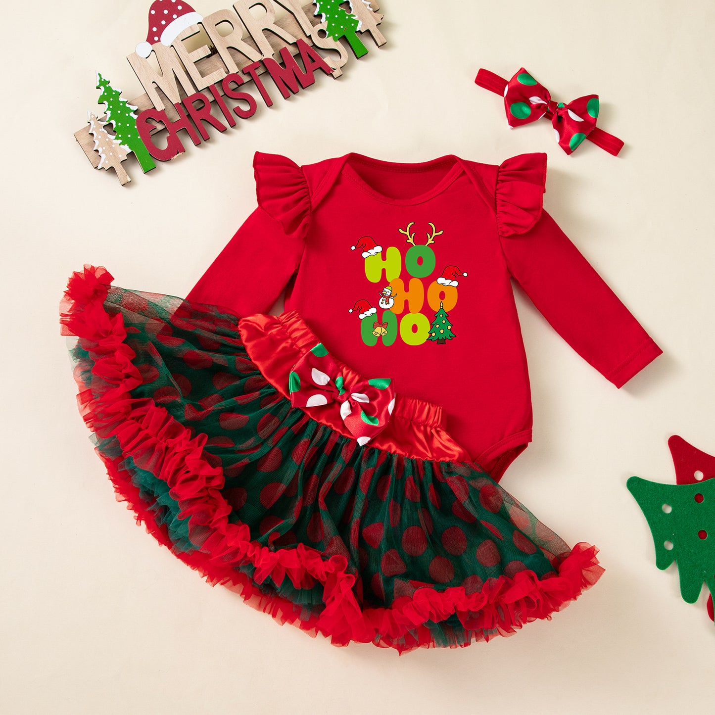 Christmas Baby Girl 3-Piece Set - Santa Dress Outfit with Romper & Skirt
