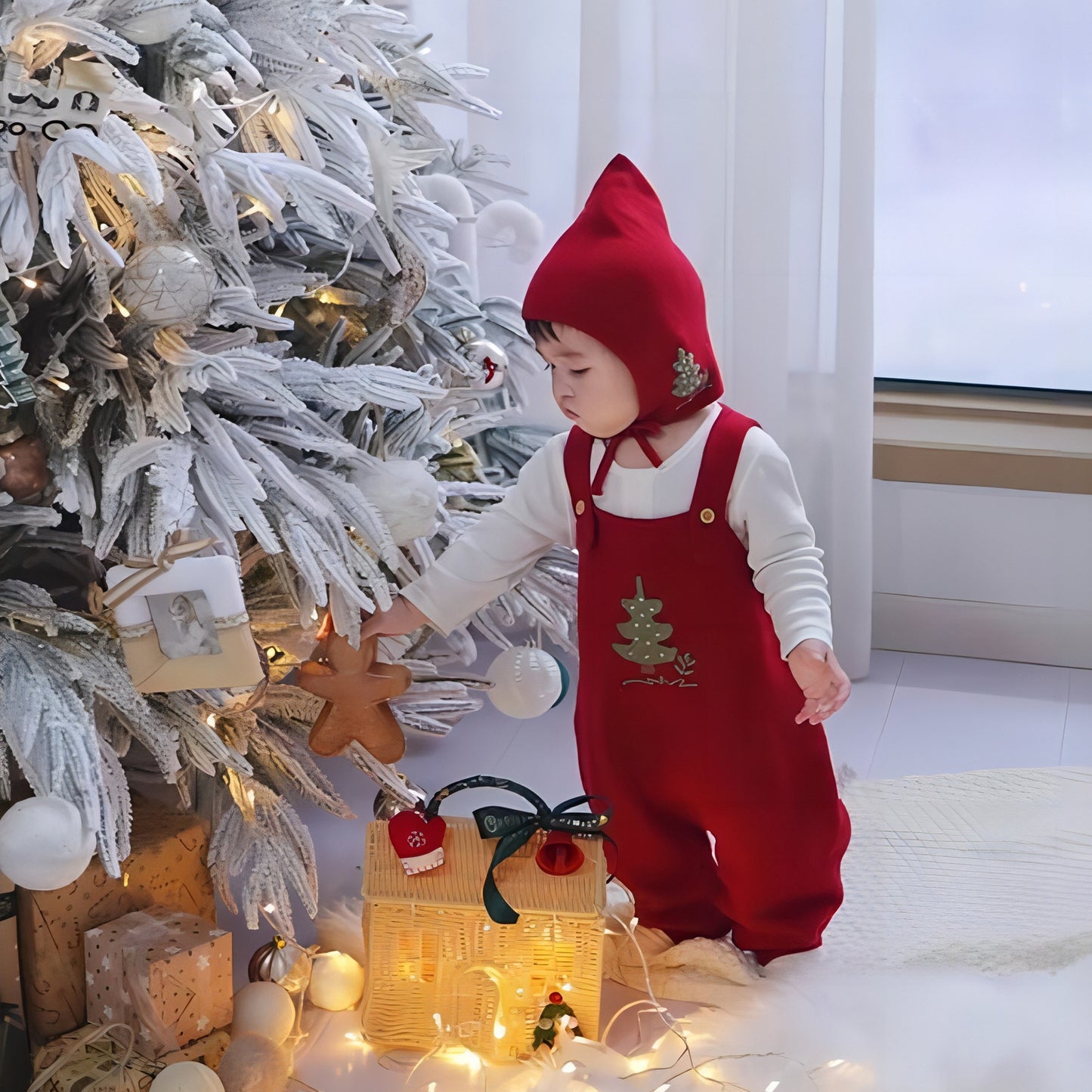 Christmas Tree Knit Suspenders Romper - Wine Red Baby Jumpsuit with Adjustable Straps