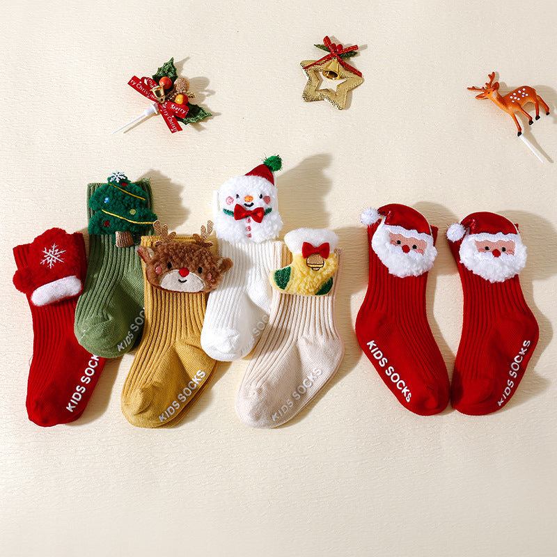 Christmas Baby Socks 3-Pair Set - Non-Slip Grip Cotton Socks with Holiday Designs