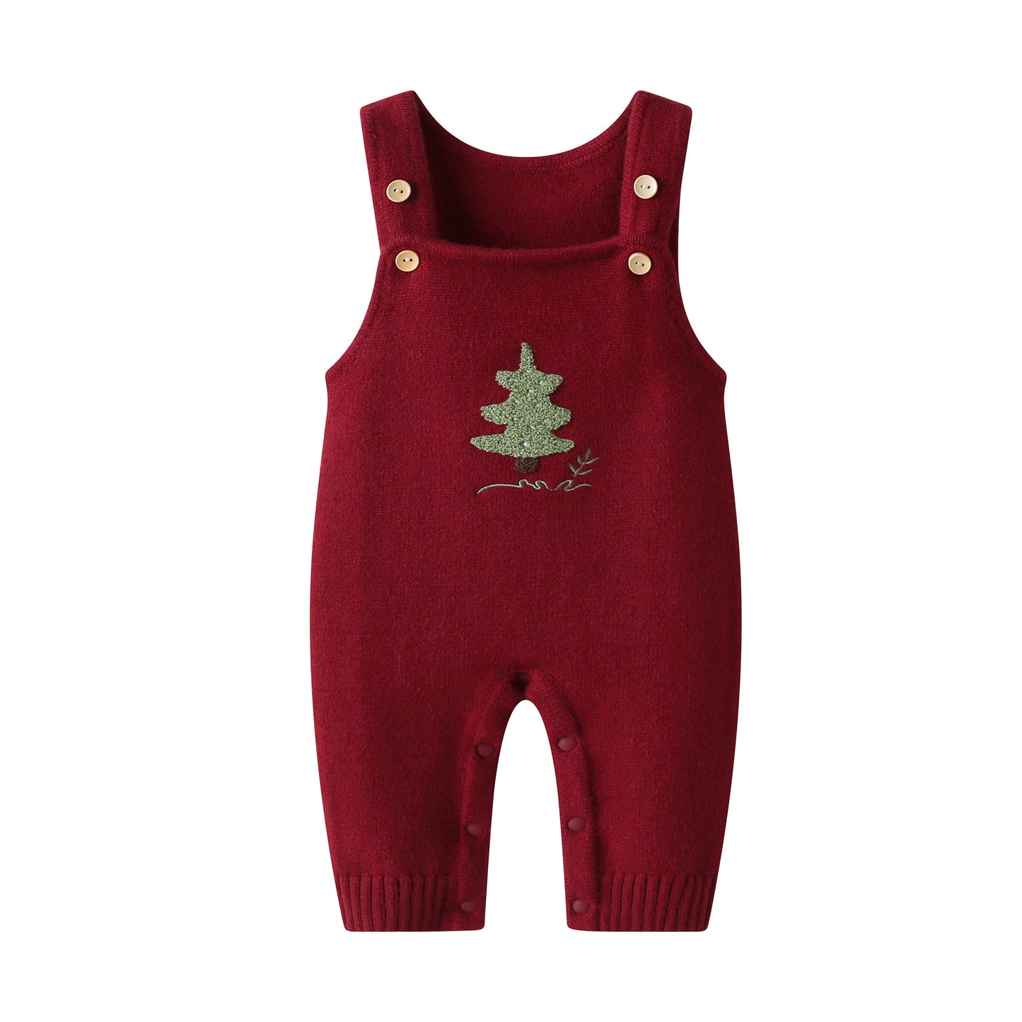 Christmas Tree Knit Suspenders Romper - Wine Red Baby Jumpsuit with Adjustable Straps