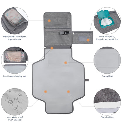 Portable Baby Changing Pad – Foldable Waterproof Diaper Changing Mat with Mesh Pockets & Detachable Pillow, On-the-Go Travel Essential for Mom & Dad
