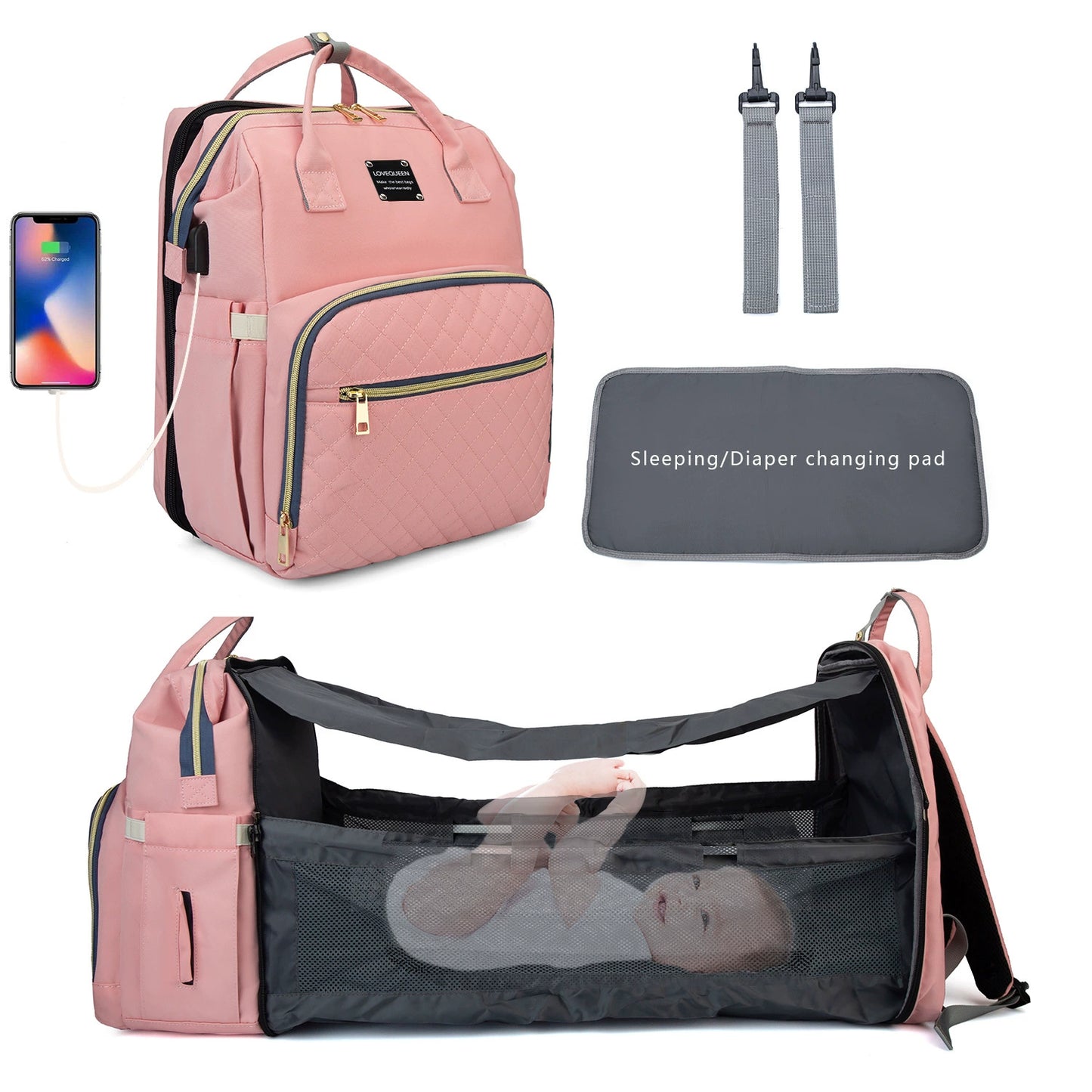 New Portable Foldable Baby Crib Diaper Bag - Multifunctional Maternity Backpack with Sunshade for Moms