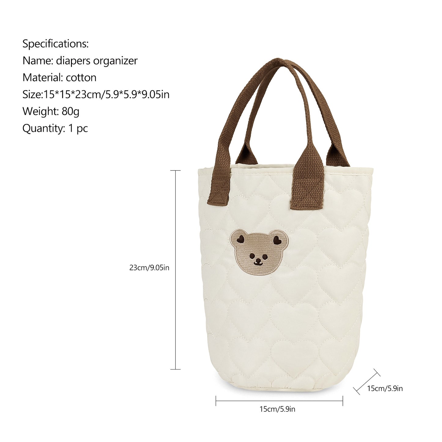 Creamy White Quilted Bear Diaper Bag Organizer – Cute Cotton Tote for Moms with Teddy Bear Embroidery
