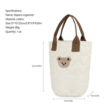 Creamy White Quilted Bear Diaper Bag Organizer – Cute Cotton Tote for Moms with Teddy Bear Embroidery