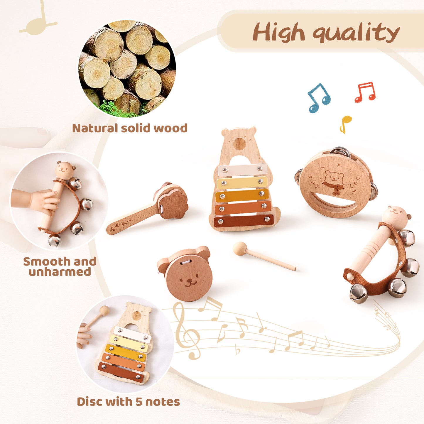 Baby Musical Instruments - Your Child's First Musical Toys with Castanet Rainmaker Tambourine Xylophone - Baby Friendly Design Wooden Instruments Set