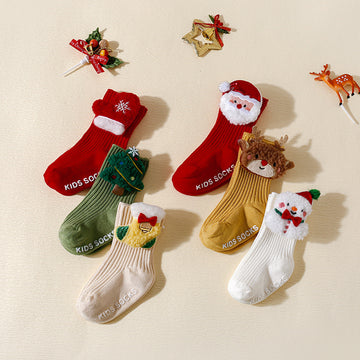 Christmas Baby Socks 3-Pair Set - Non-Slip Grip Cotton Socks with Holiday Designs